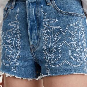 Blue Jean Shorts with Embroidered Design and Raw Hem